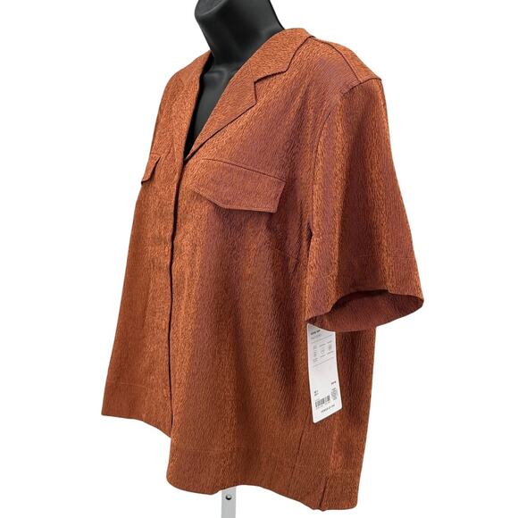 Athleta Echo Top WMNS M Orange Brown Striped Button Up Short Sleeve Breathable - Picture 3 of 10